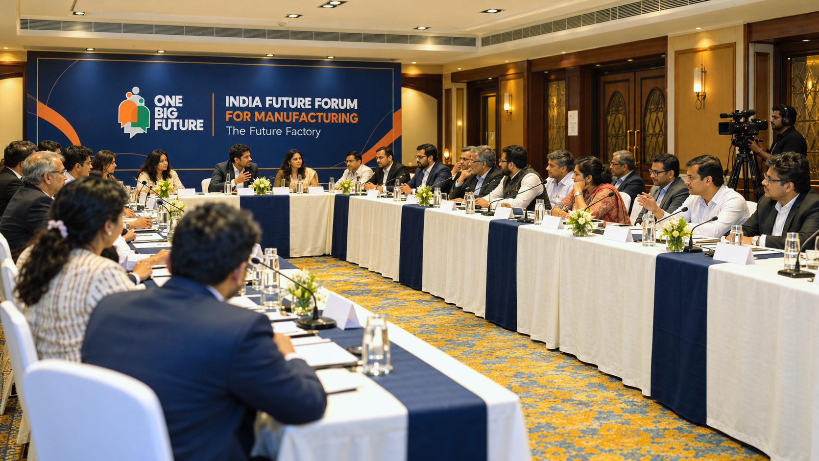 Concept view of the India Future Forum roundtable: U-shaped seating in front of the OBF backdrop